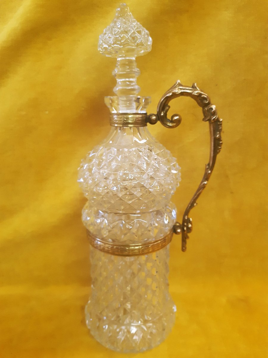 Grande Carafe Bouteille Ansée Bronze Aiguière Cristal Motif Diamant 19éme