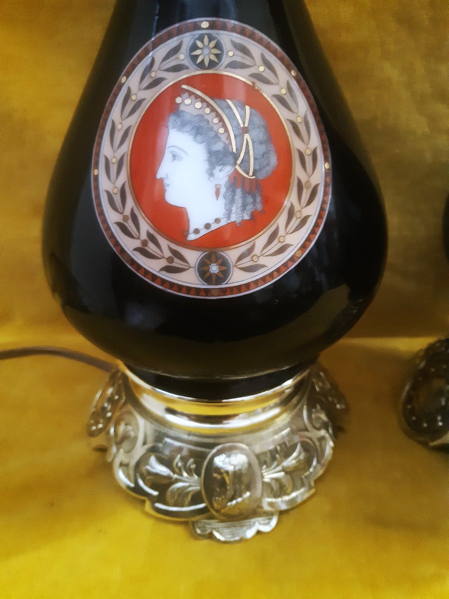Pair Of Electrified Empire-style Kerosene Lamps, Porcelain With Greek-style Bronze Finishes, Napoleon III-photo-3