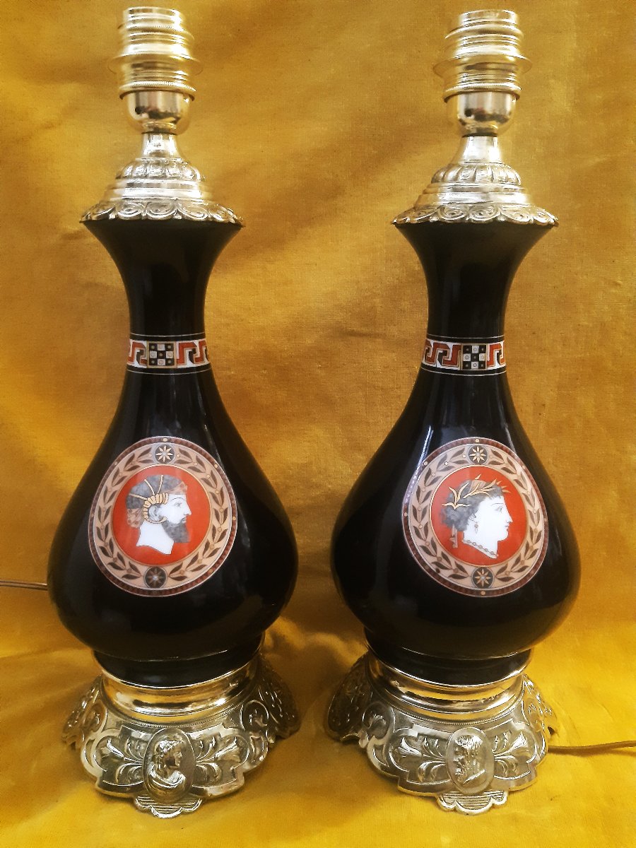 Pair Of Electrified Empire-style Kerosene Lamps, Porcelain With Greek-style Bronze Finishes, Napoleon III-photo-1