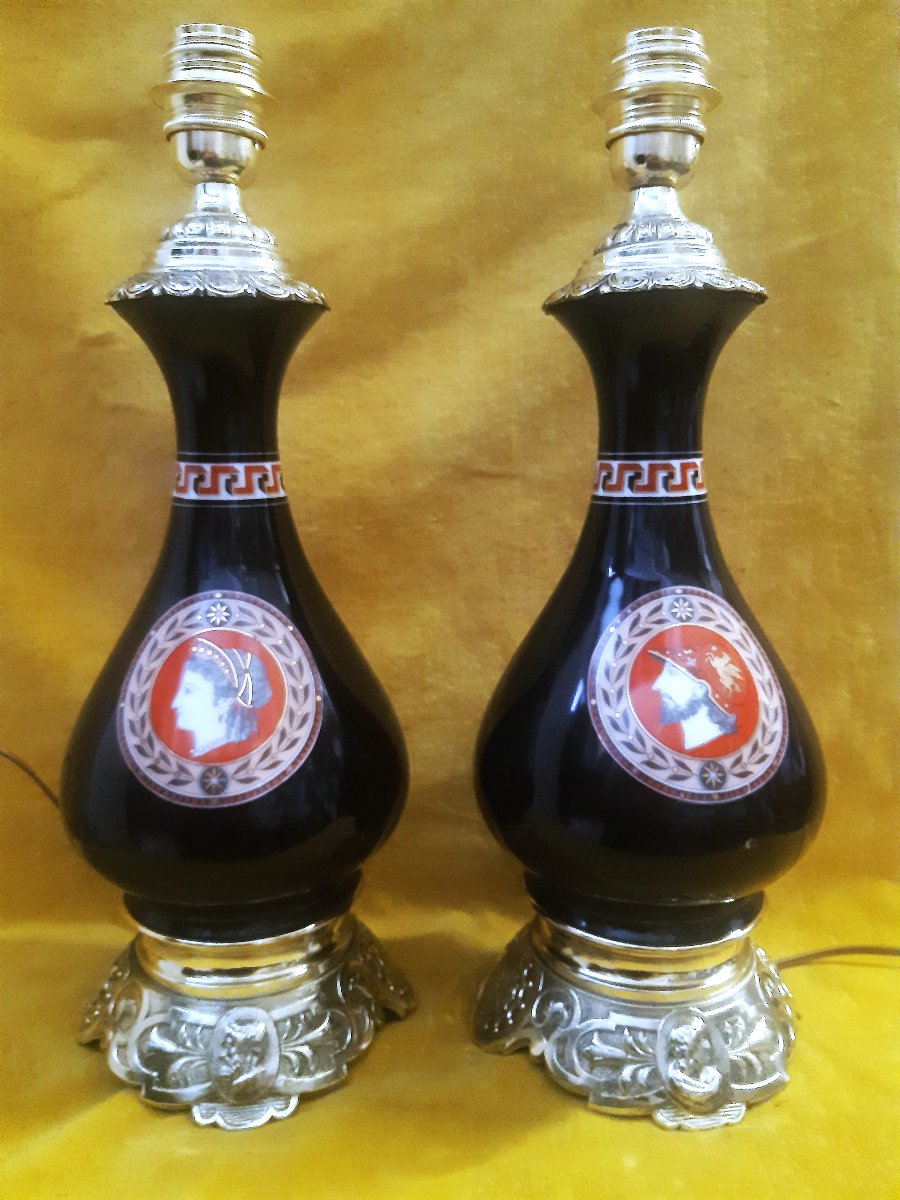 Pair Of Electrified Empire-style Kerosene Lamps, Porcelain With Greek-style Bronze Finishes, Napoleon III
