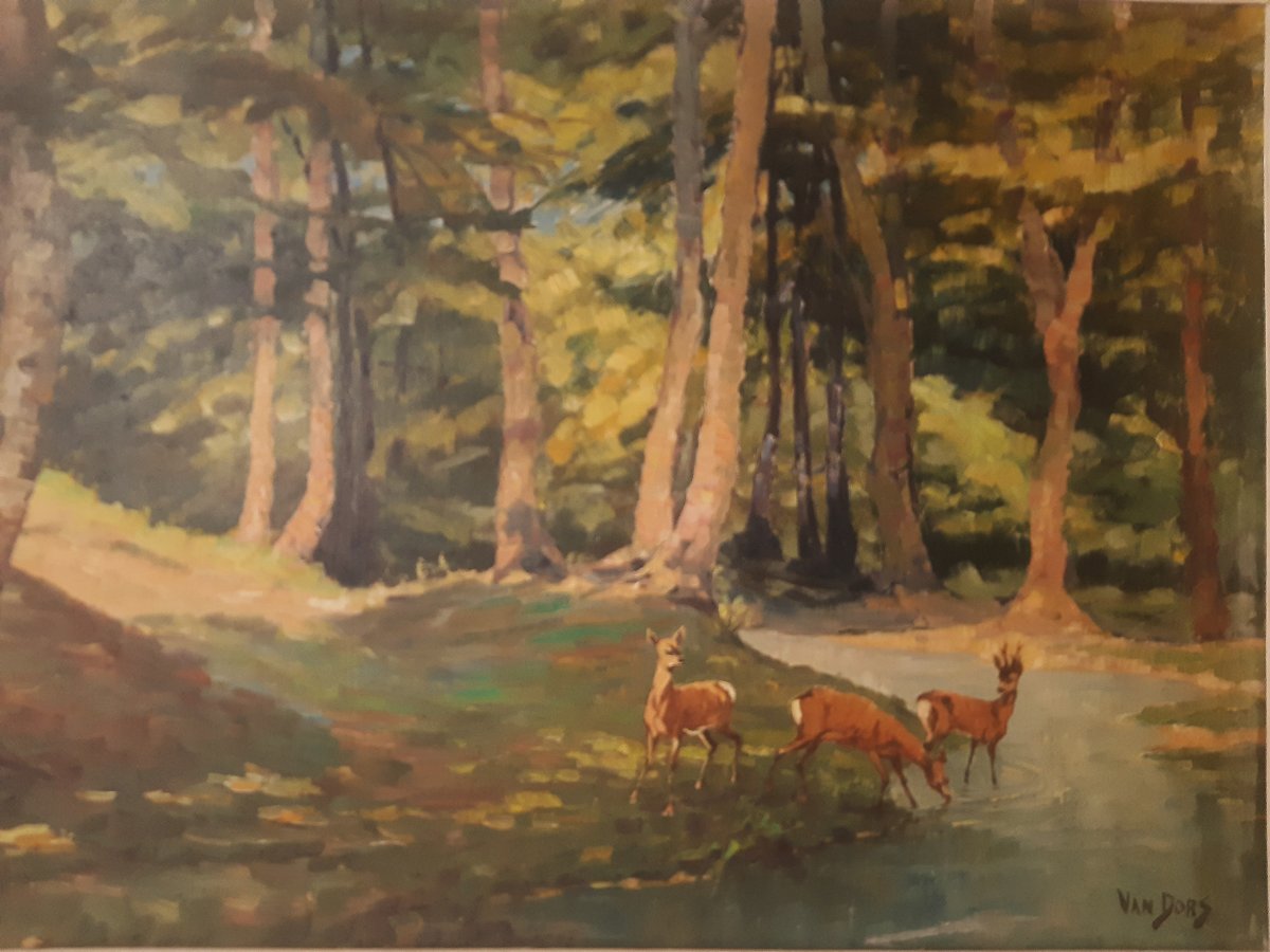 Large Painting By Van Dors: "woodland Glade, Pond, And Does Drinking"-photo-2