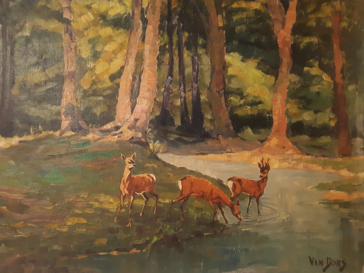 Large Painting By Van Dors: "woodland Glade, Pond, And Does Drinking"-photo-3