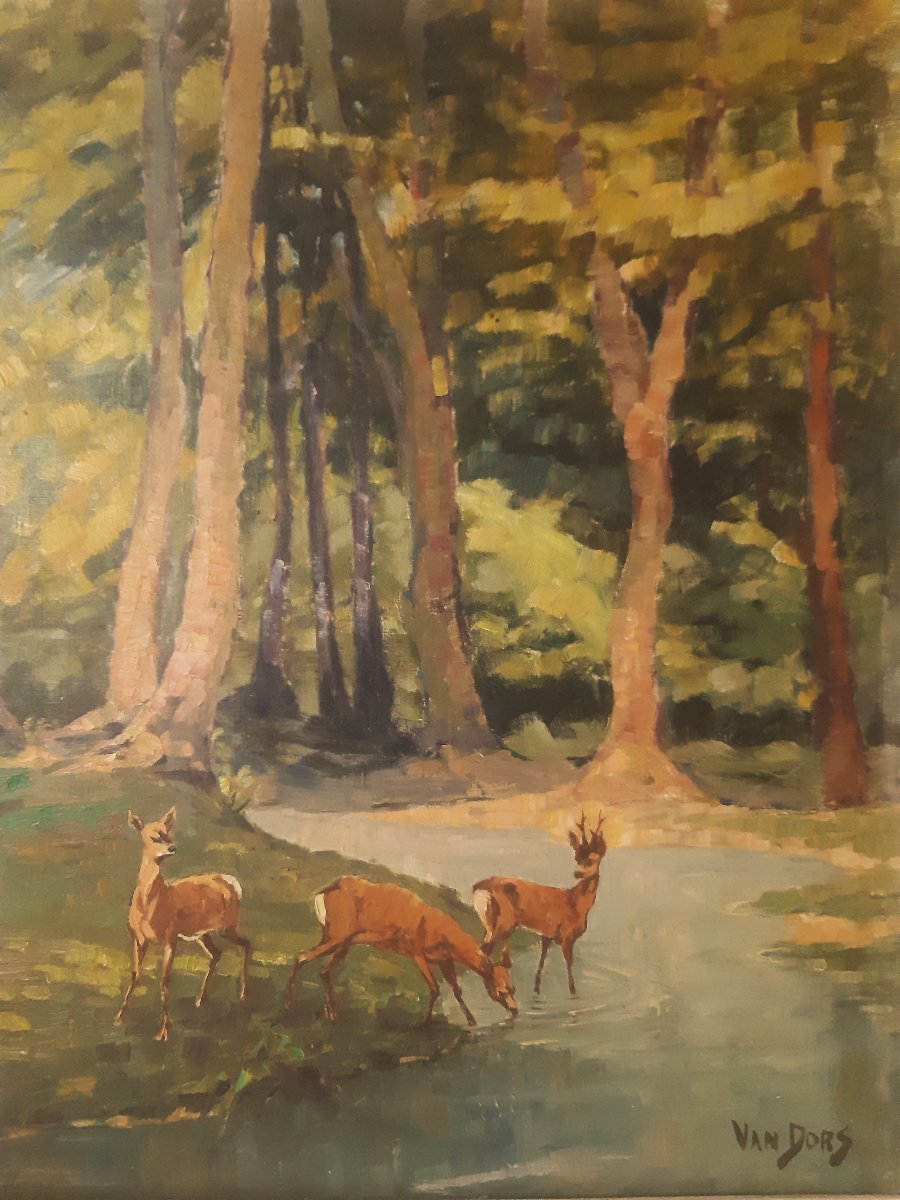 Large Painting By Van Dors: "woodland Glade, Pond, And Does Drinking"-photo-1