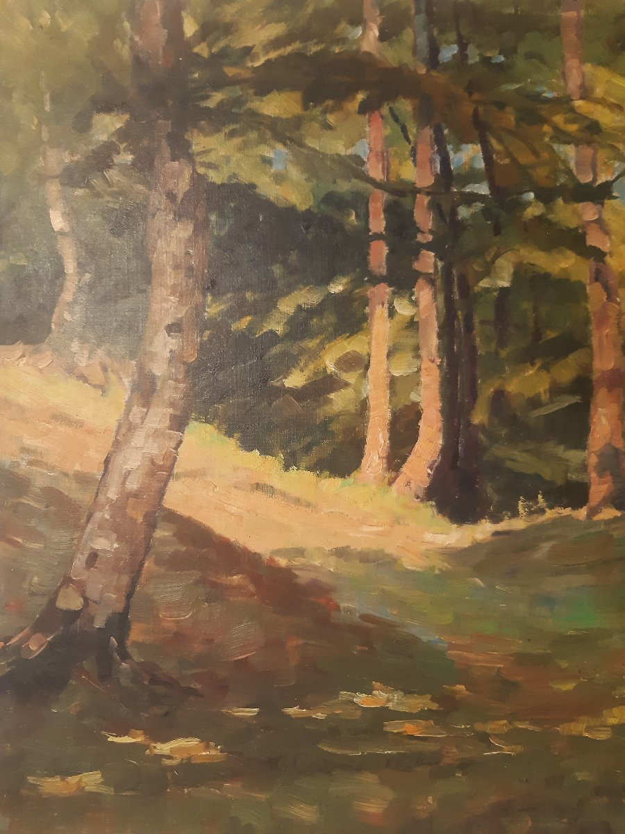 Large Painting By Van Dors: "woodland Glade, Pond, And Does Drinking"-photo-2