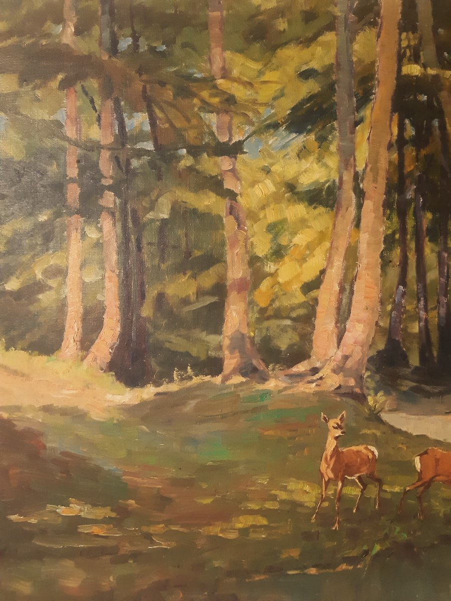 Large Painting By Van Dors: "woodland Glade, Pond, And Does Drinking"-photo-3
