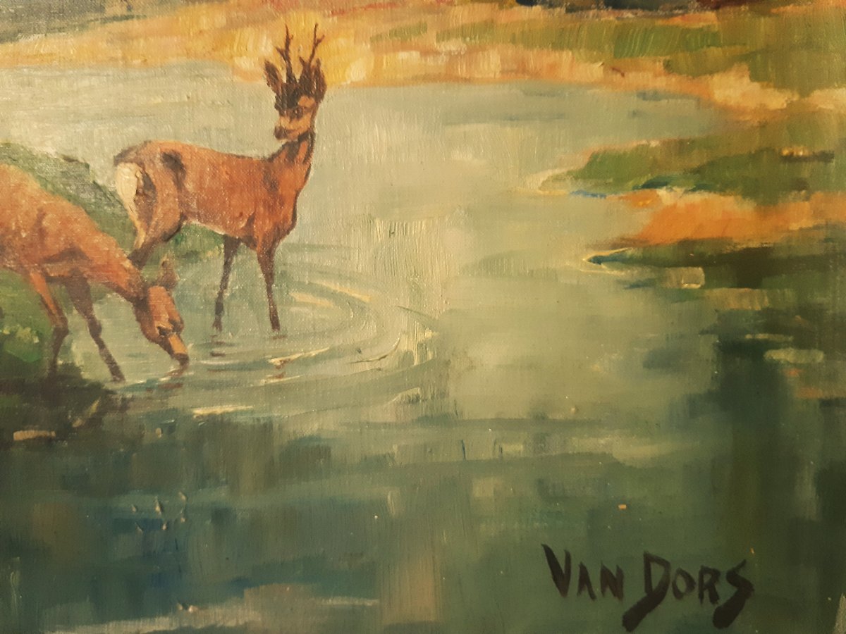 Large Painting By Van Dors: "woodland Glade, Pond, And Does Drinking"-photo-4