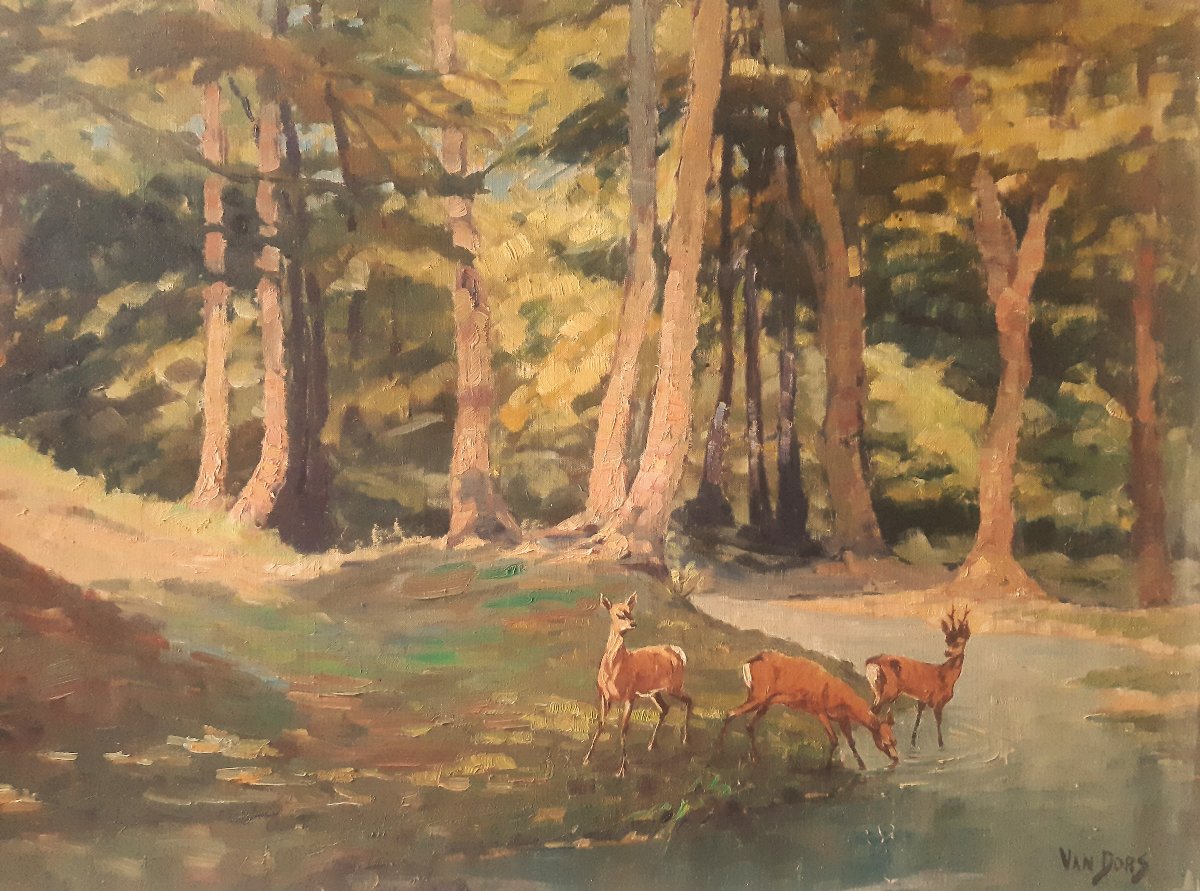 Large Painting By Van Dors: "woodland Glade, Pond, And Does Drinking"-photo-6