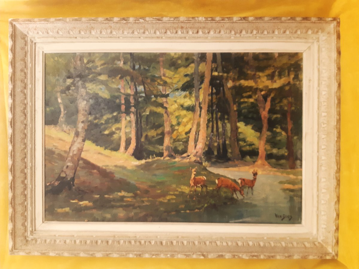 Large Painting By Van Dors: "woodland Glade, Pond, And Does Drinking"
