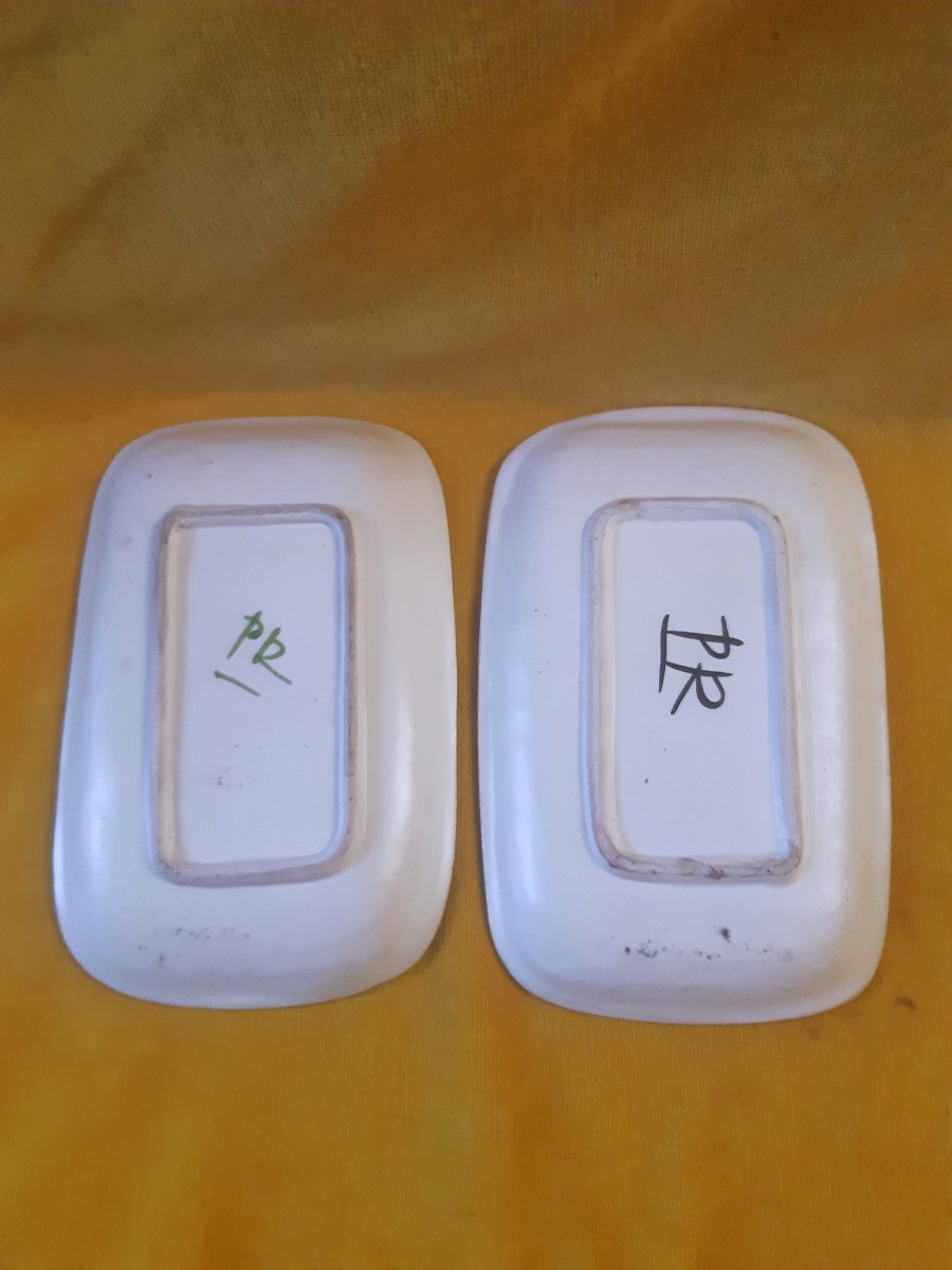  Pair Of Ravier Trays,nue Model, Engraved With A Point In Vallauris Enamel, 60–70, Signed Pr -photo-2