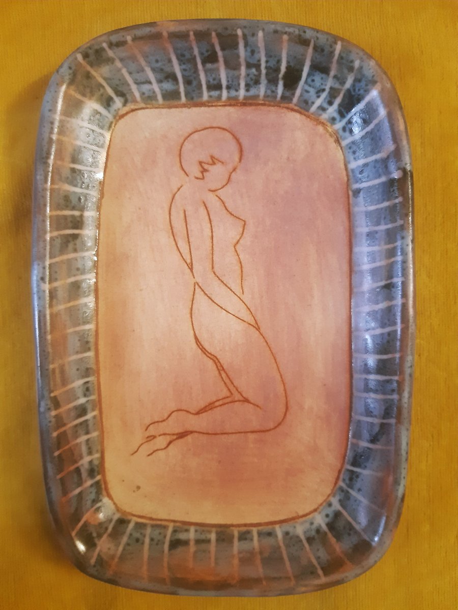  Pair Of Ravier Trays,nue Model, Engraved With A Point In Vallauris Enamel, 60–70, Signed Pr -photo-2