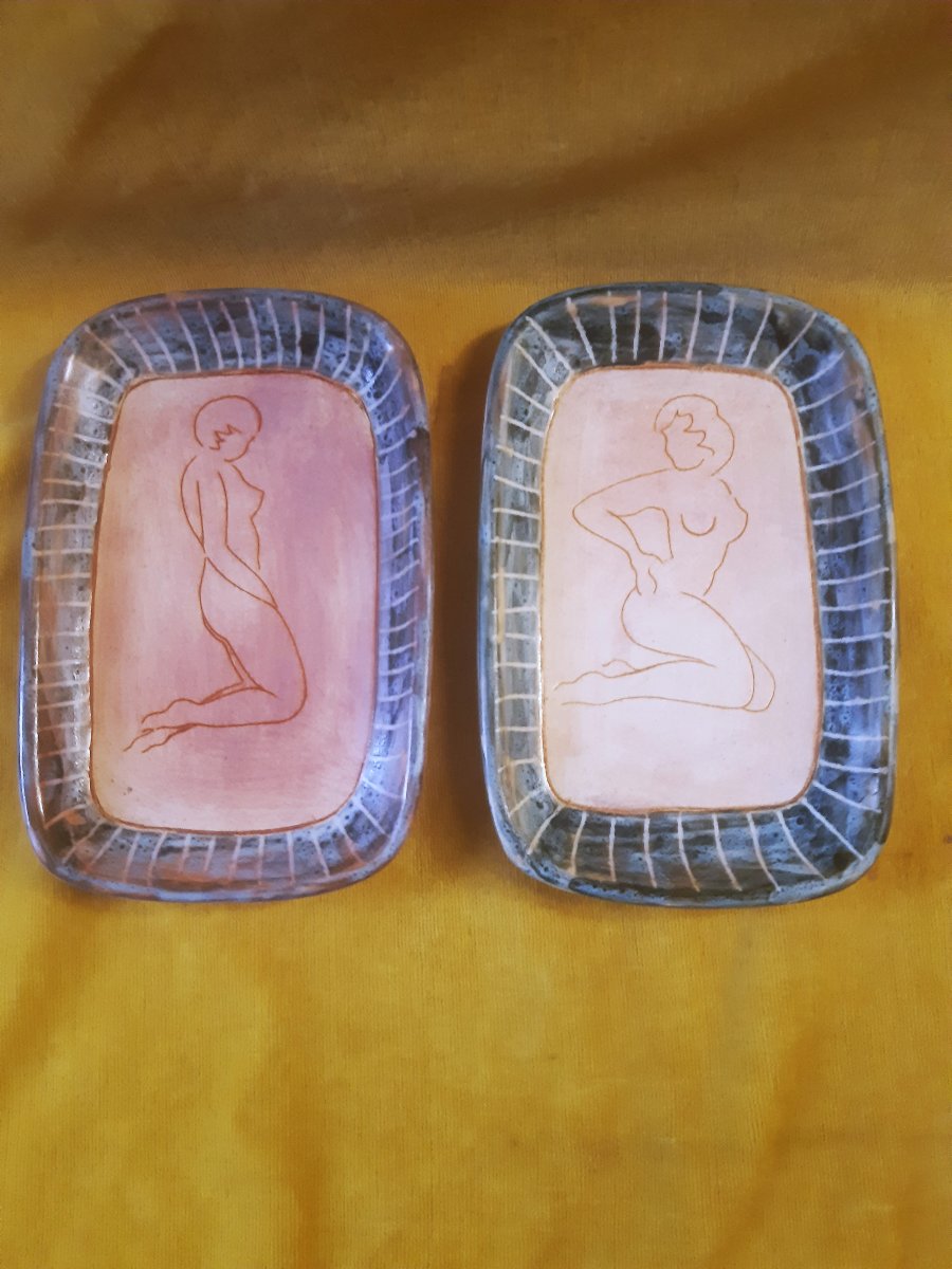  Pair Of Ravier Trays,nue Model, Engraved With A Point In Vallauris Enamel, 60–70, Signed Pr -photo-5