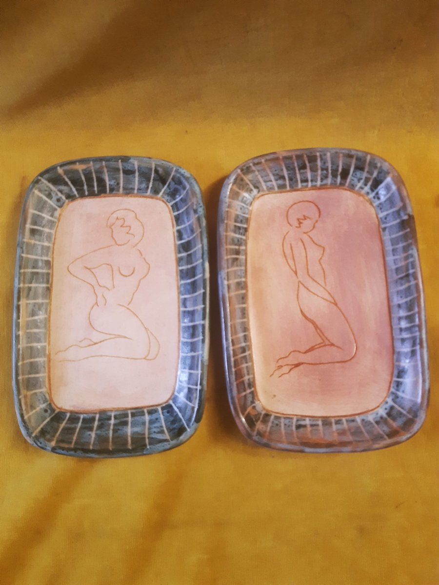  Pair Of Ravier Trays,nue Model, Engraved With A Point In Vallauris Enamel, 60–70, Signed Pr 