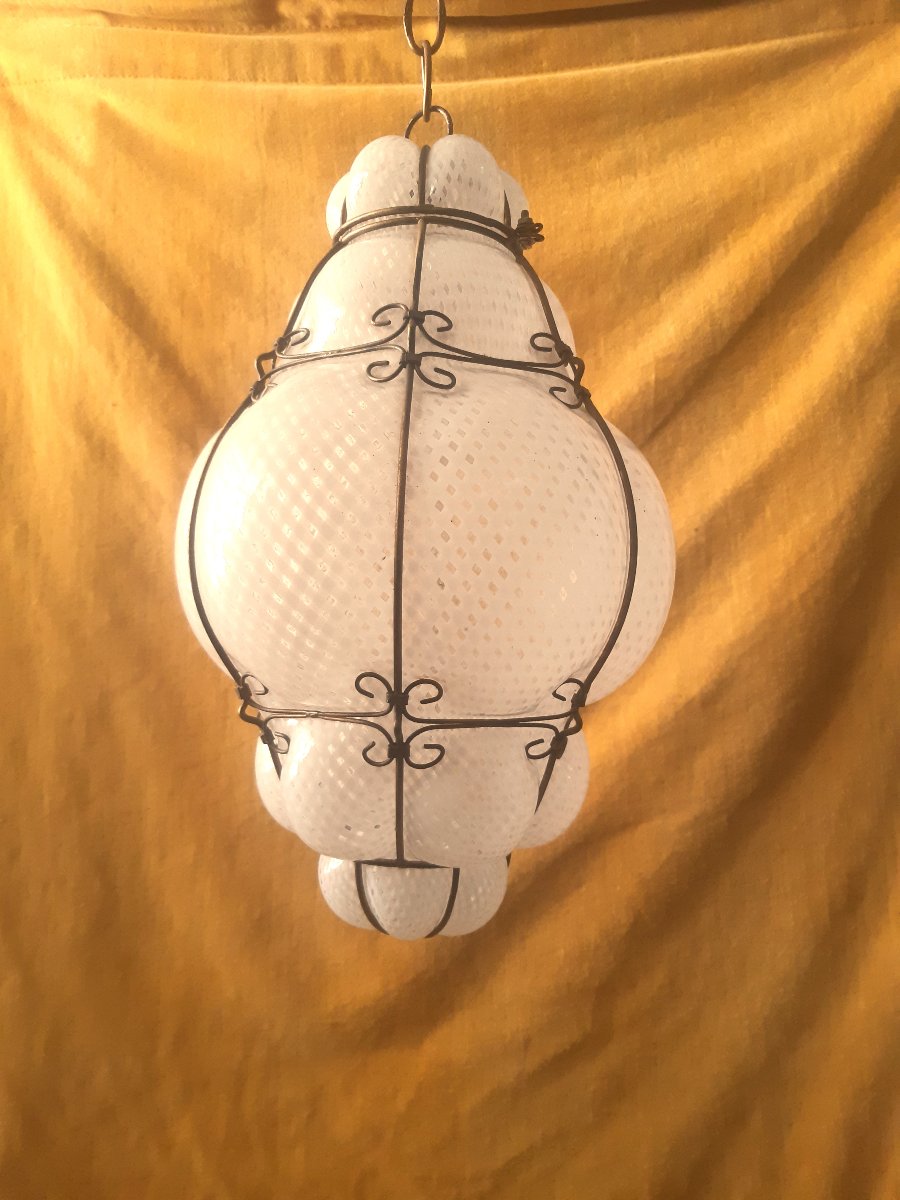 Large Vintage Venetian Blown Glass Lantern Lamp With Reticello Pattern – Murano, 1950s–1960s-photo-3