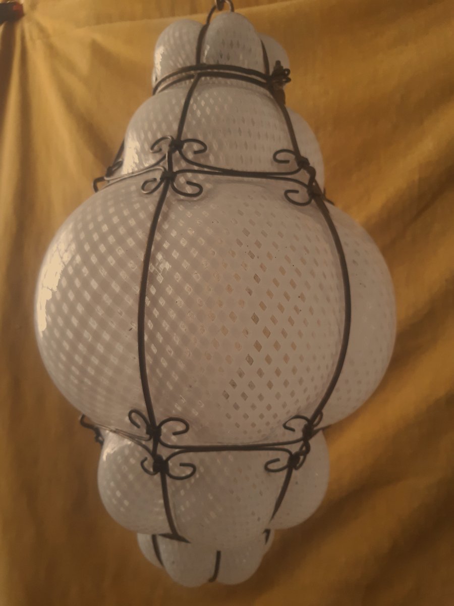 Large Vintage Venetian Blown Glass Lantern Lamp With Reticello Pattern – Murano, 1950s–1960s-photo-4