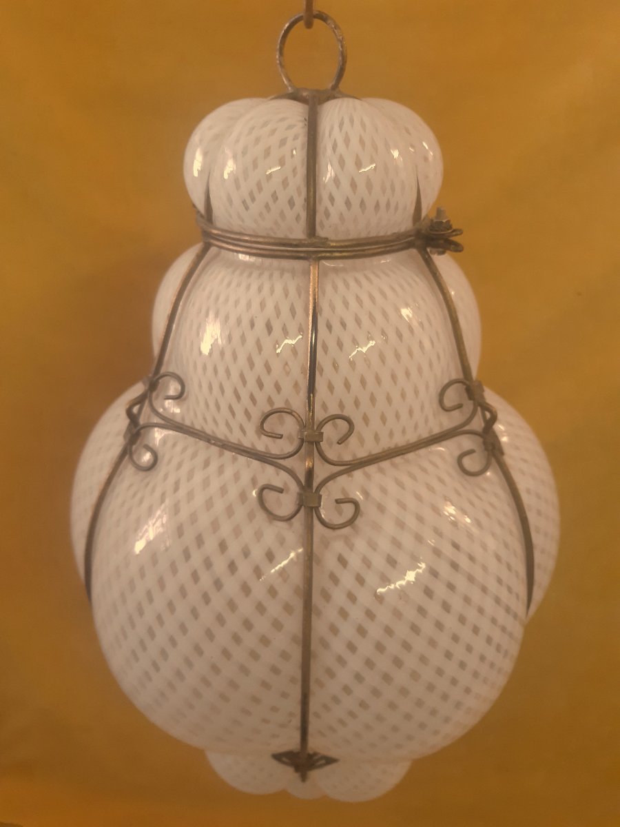 Large Vintage Venetian Blown Glass Lantern Lamp With Reticello Pattern – Murano, 1950s–1960s-photo-3