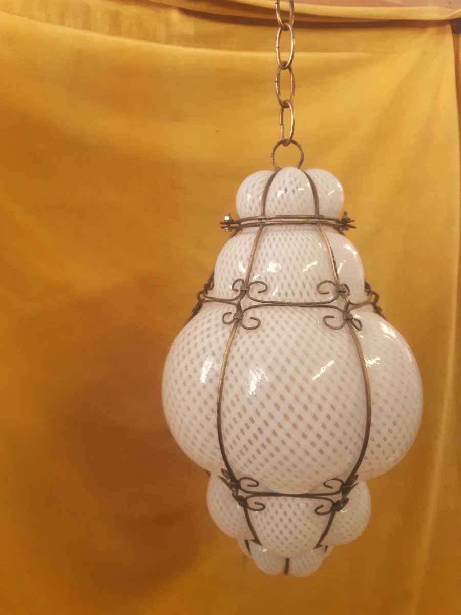 Large Vintage Venetian Blown Glass Lantern Lamp With Reticello Pattern – Murano, 1950s–1960s-photo-4