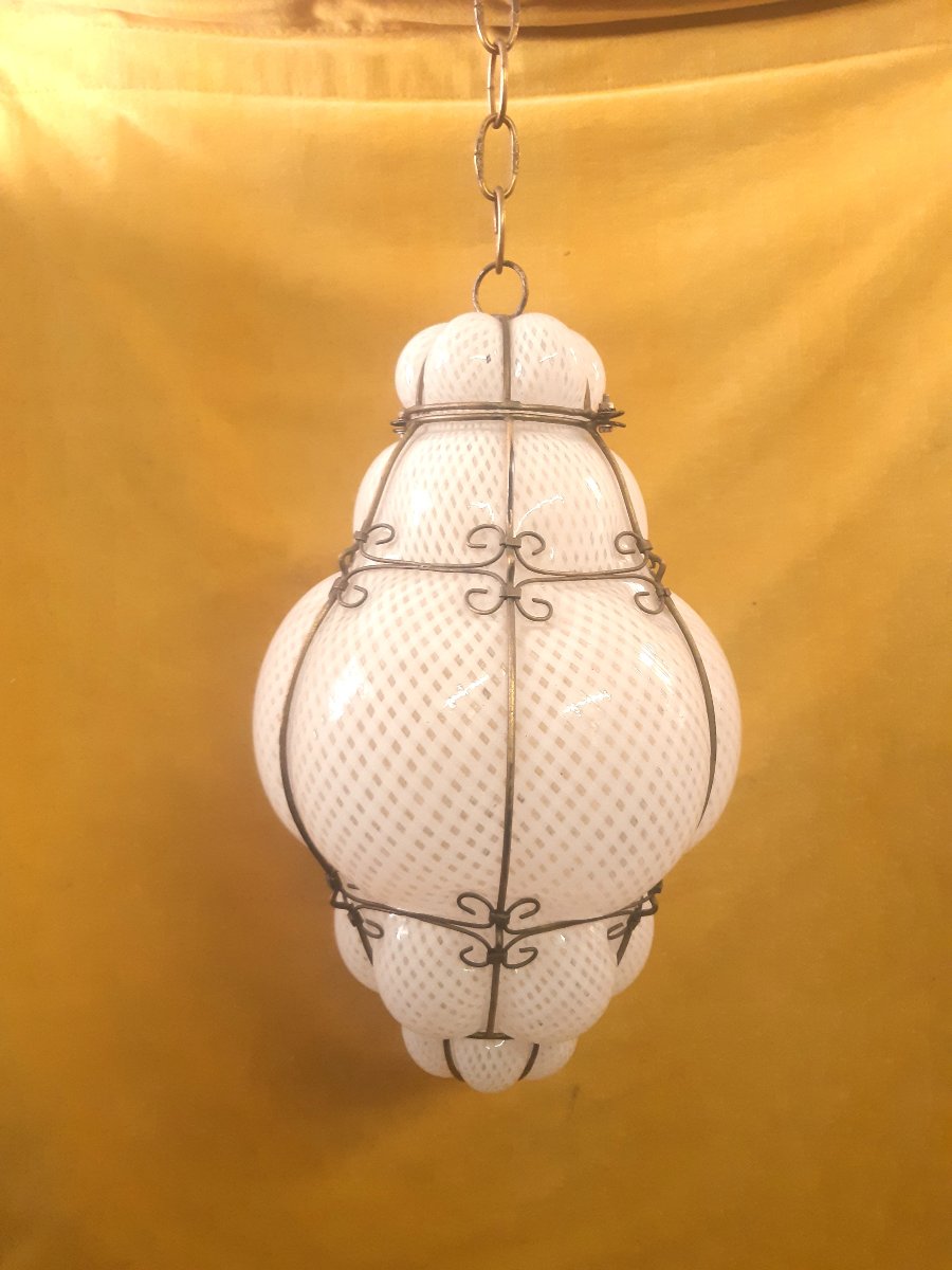 Large Vintage Venetian Blown Glass Lantern Lamp With Reticello Pattern – Murano, 1950s–1960s-photo-5