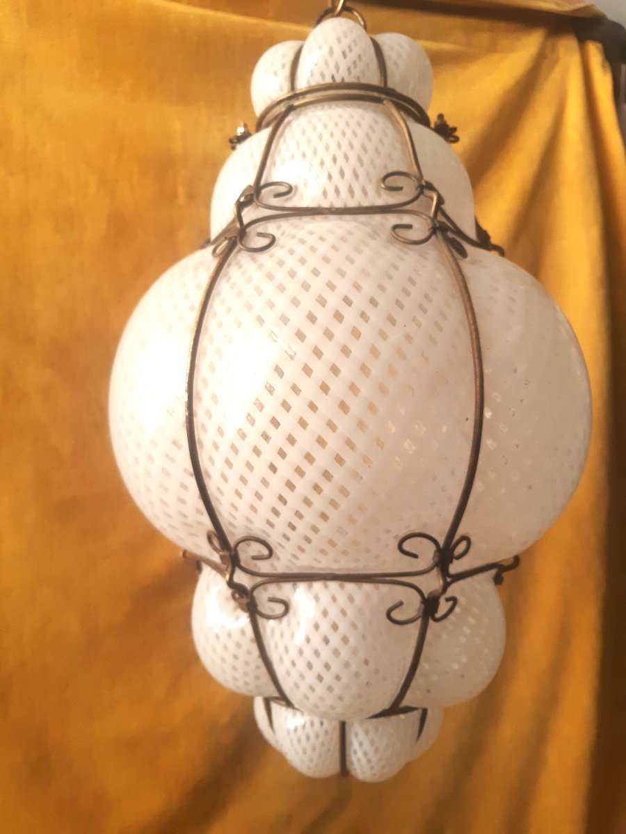 Large Vintage Venetian Blown Glass Lantern Lamp With Reticello Pattern – Murano, 1950s–1960s-photo-7