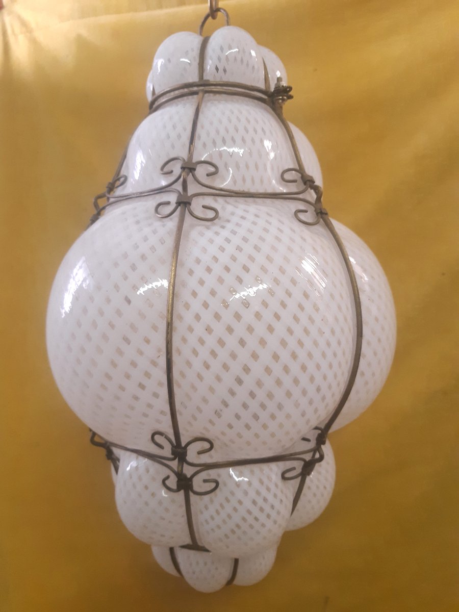 Large Vintage Venetian Blown Glass Lantern Lamp With Reticello Pattern – Murano, 1950s–1960s