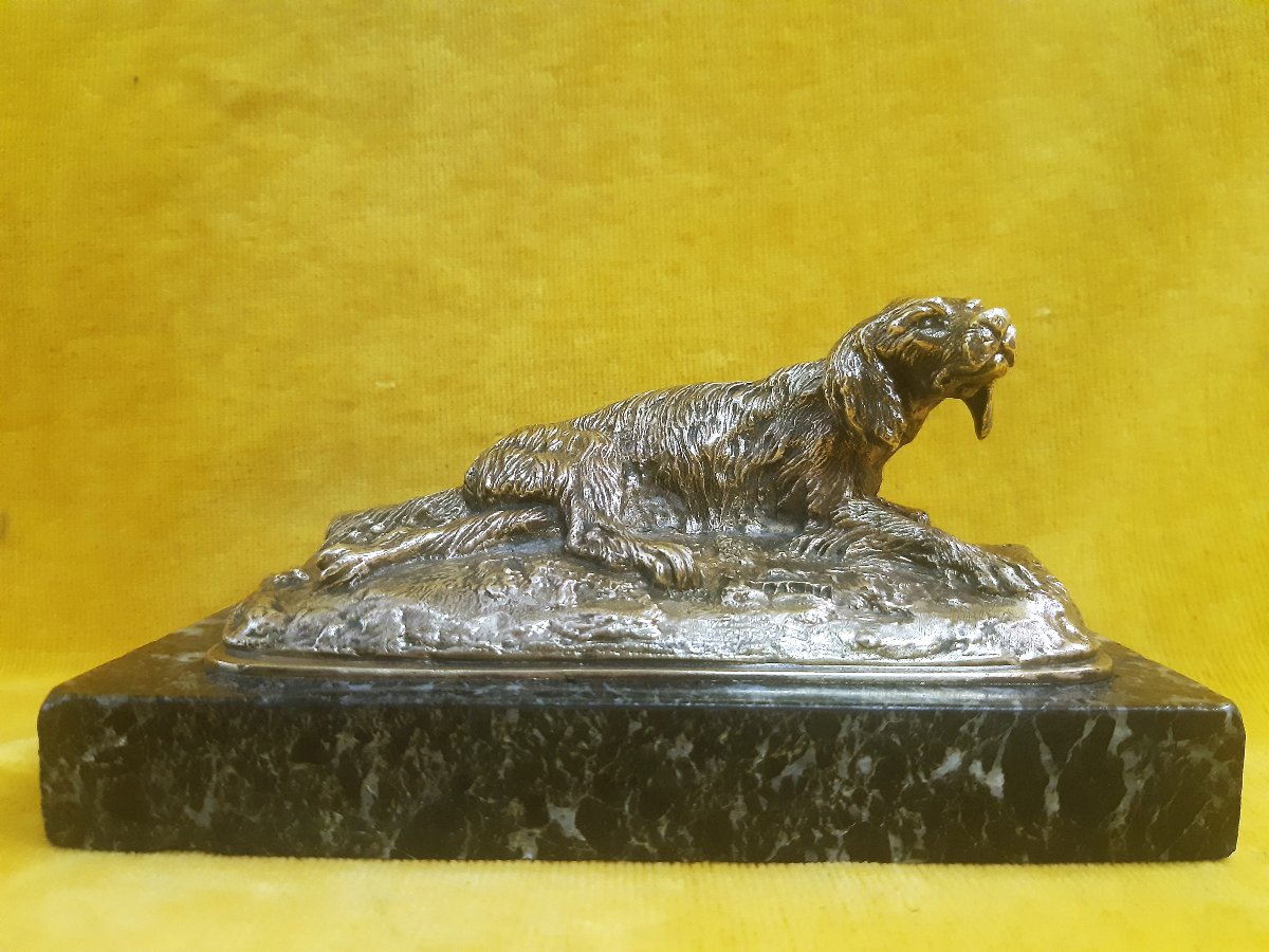  Chien Epagneul Setter en Bronze Doré Couché sur Marbre Vert  de Christophe FRATIN(1801-1864)  -photo-2