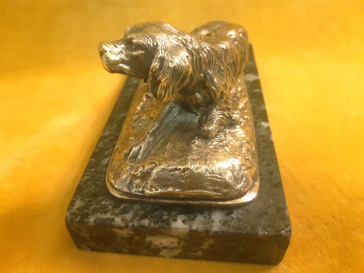  Chien Epagneul Setter en Bronze Doré Couché sur Marbre Vert  de Christophe FRATIN(1801-1864)  -photo-3