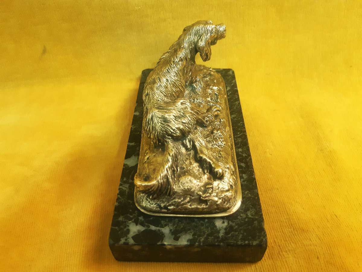  Chien Epagneul Setter en Bronze Doré Couché sur Marbre Vert  de Christophe FRATIN(1801-1864)  -photo-3