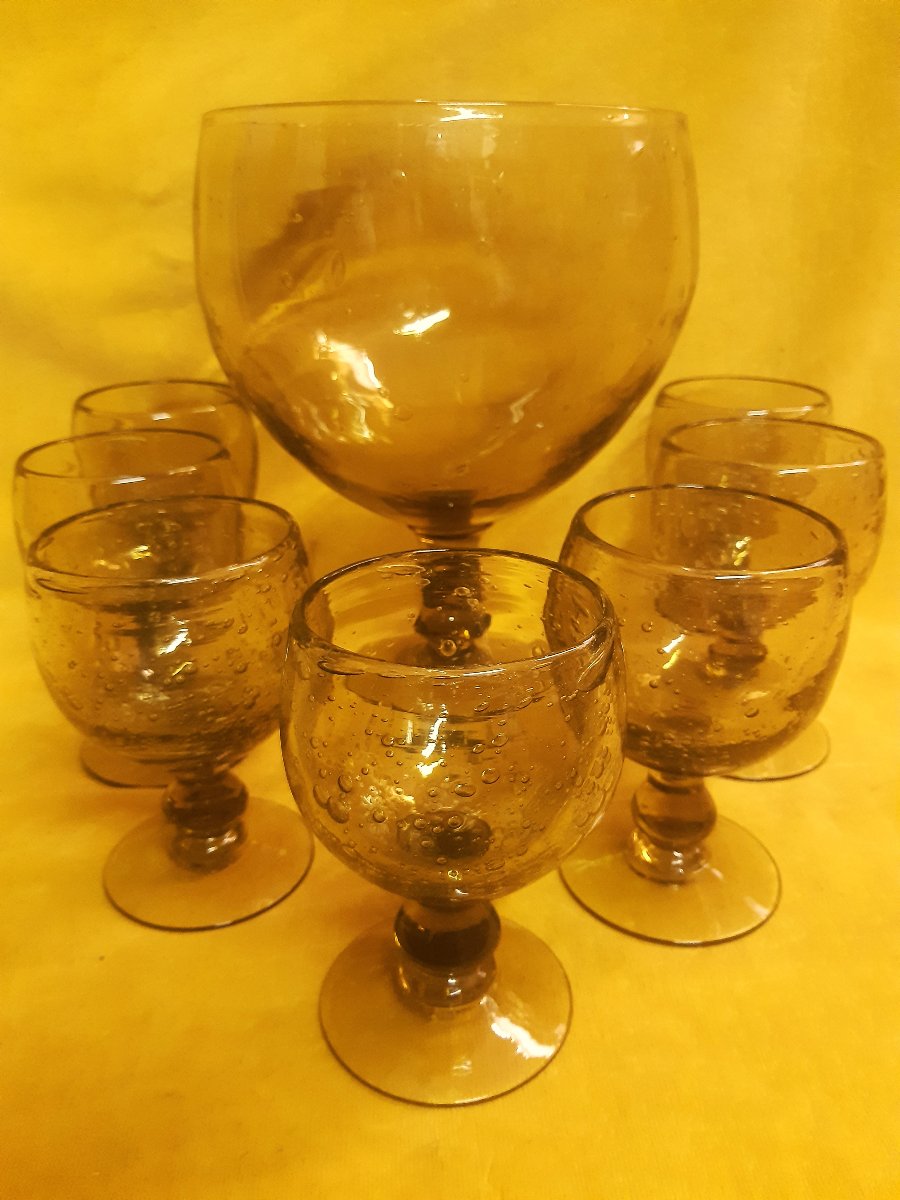 Ensemble de LA VERRERIE de BIOT  Artisanale et Soufflée pour Punch ou Sangria Année 70-photo-2