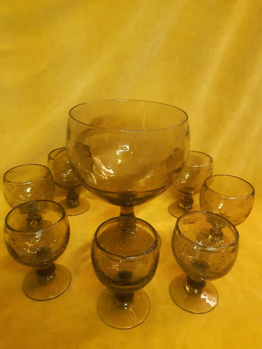 Ensemble de LA VERRERIE de BIOT  Artisanale et Soufflée pour Punch ou Sangria Année 70-photo-3