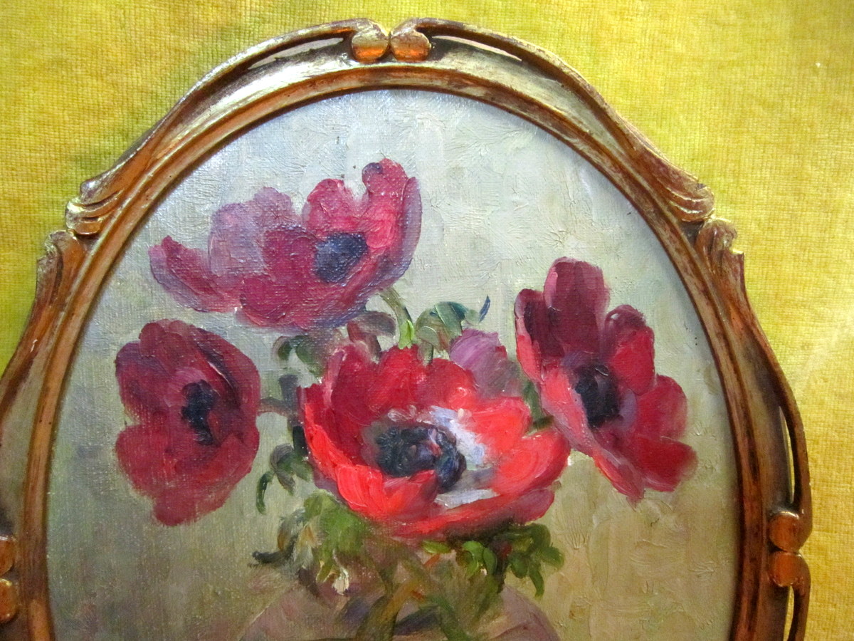 Painting Poppies Flowers Bouquet In Vase 1930 A. Hugonnard (1906-1987)-photo-2