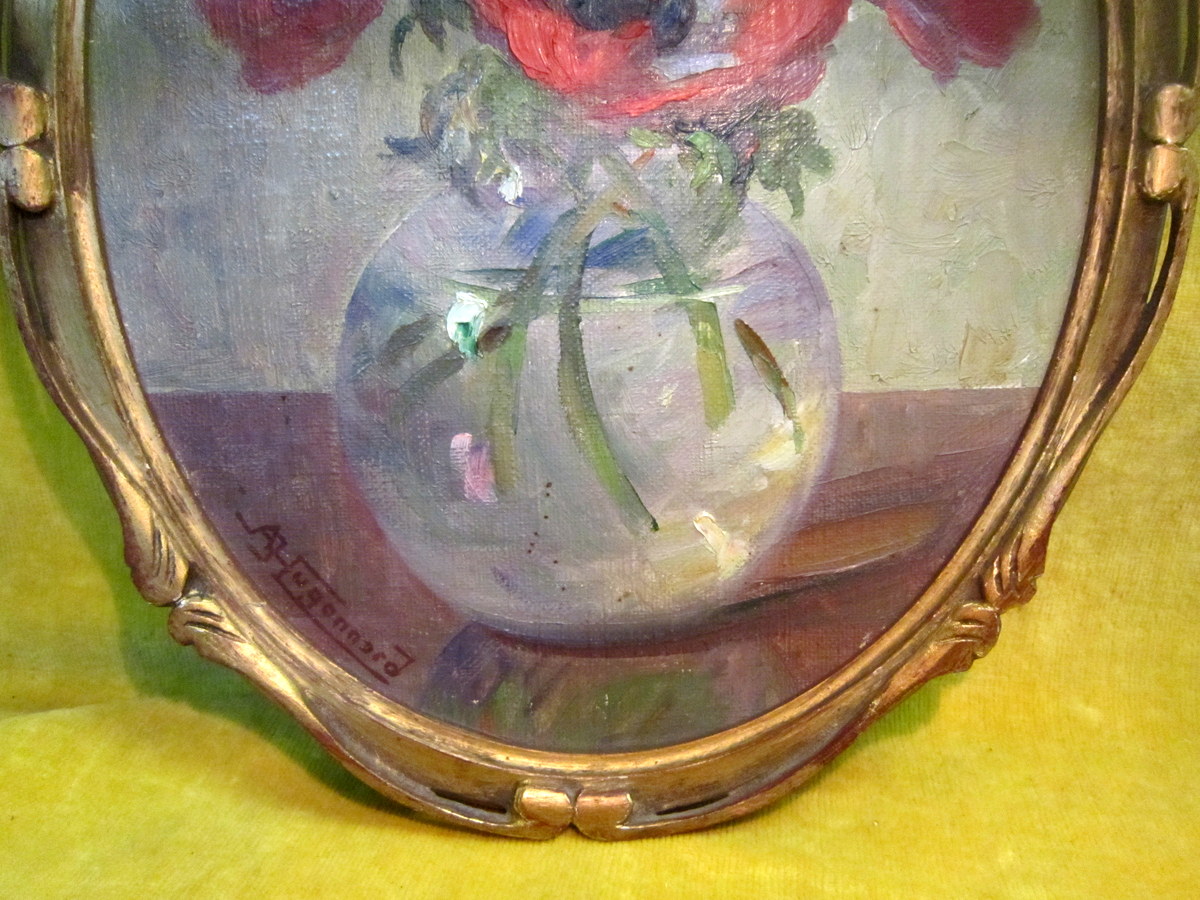 Painting Poppies Flowers Bouquet In Vase 1930 A. Hugonnard (1906-1987)-photo-4