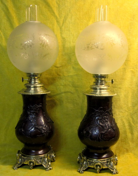 Grande paire Lampe à Pétrole Bronze Japon Impérial Meiji 19éme Napoléon III