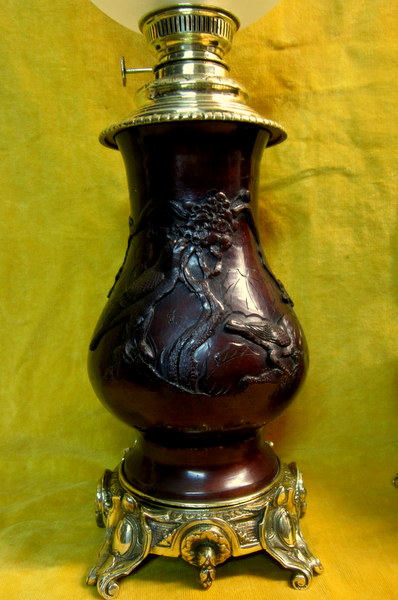 Grande paire Lampe à Pétrole Bronze Japon Impérial Meiji 19éme Napoléon III-photo-3