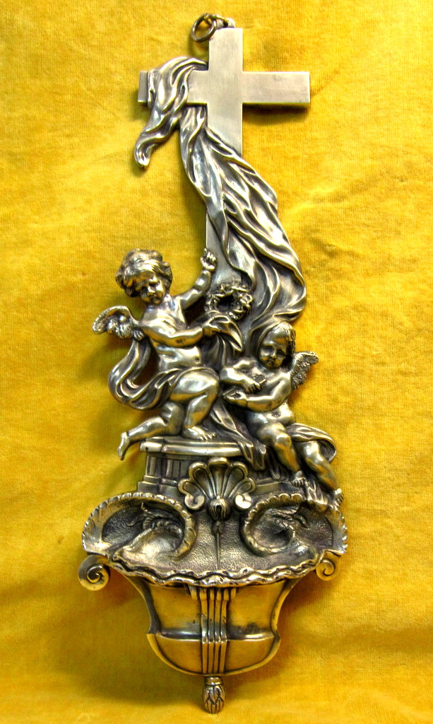 Grand Bénitier Bronze Angelots Et Croix St Lxv Fin 18 Début 19éme