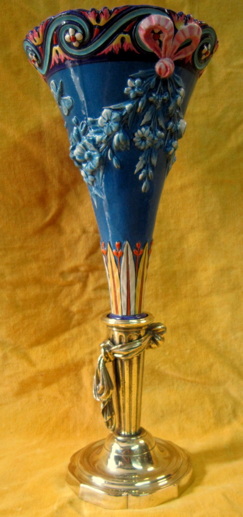 Grande Bouquetiére (42.5 cm) Vase Cornet Barbotine Pied Bronze St LXVI-photo-2