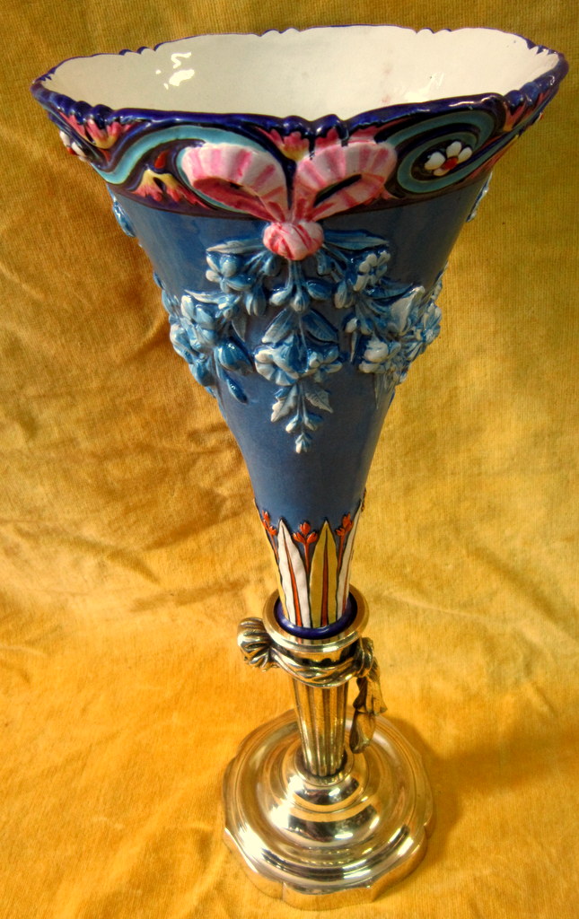 Grande Bouquetiére (42.5 cm) Vase Cornet Barbotine Pied Bronze St LXVI-photo-4
