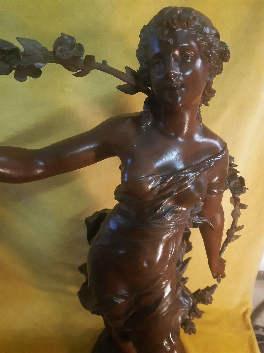 Large Bronze (74 Cm) Allegory Of Spring Young Girl And Cupid By Auguste Moreau (1834-1917)-photo-3