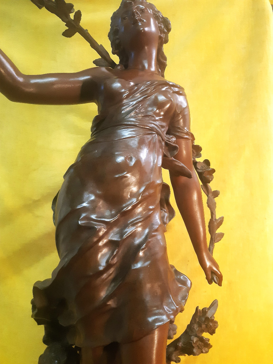Large Bronze (74 Cm) Allegory Of Spring Young Girl And Cupid By Auguste Moreau (1834-1917)-photo-1