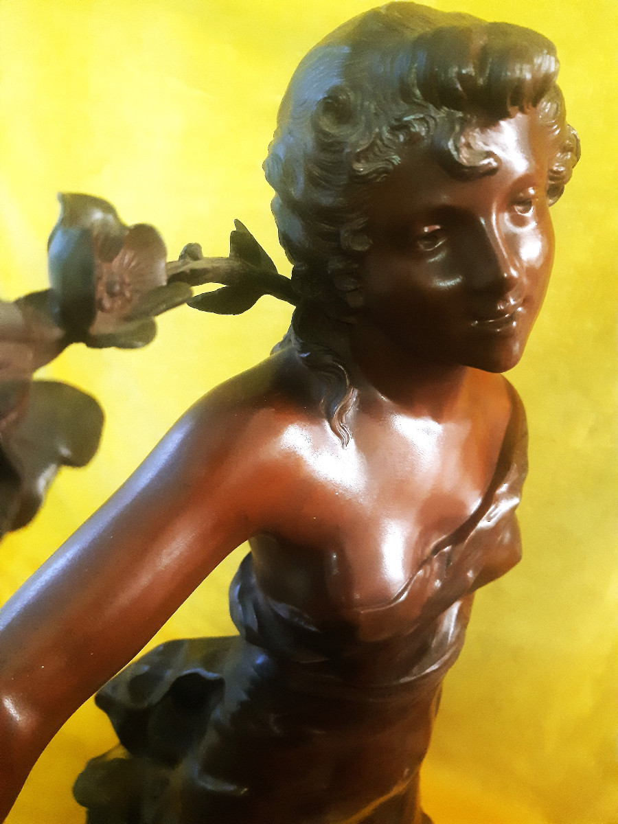 Large Bronze (74 Cm) Allegory Of Spring Young Girl And Cupid By Auguste Moreau (1834-1917)-photo-2