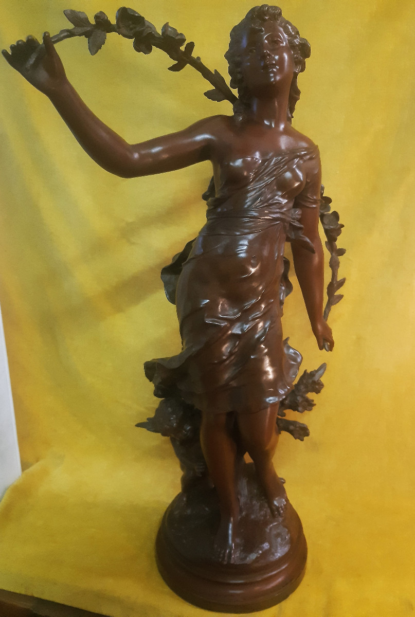 Large Bronze (74 Cm) Allegory Of Spring Young Girl And Cupid By Auguste Moreau (1834-1917)