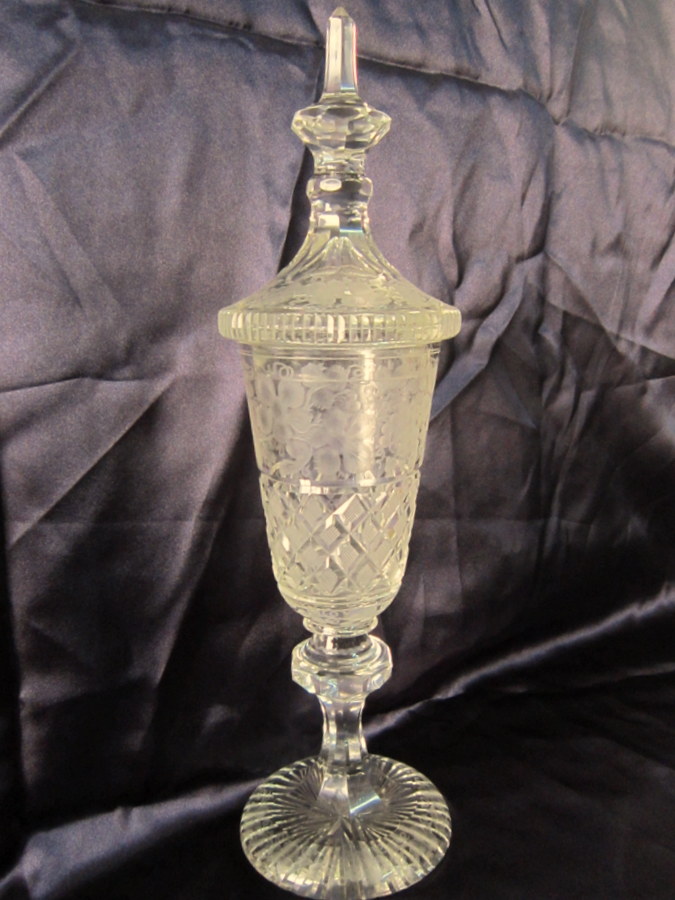 Grand Drageoir Pokal Couvert Cristal Bohéme Taillé Gravé Raisins 19-20éme-photo-7