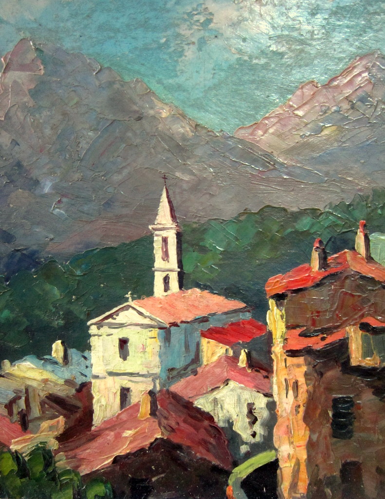 Village Corsican Oil Framed Desannées 1950-60-photo-1