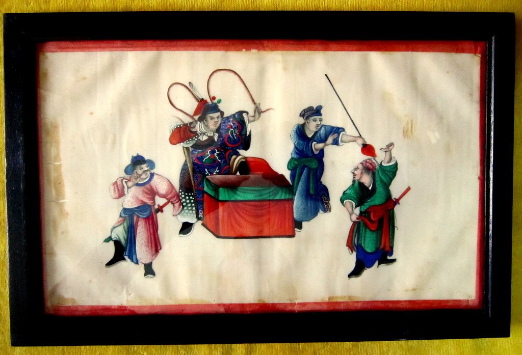 3 Peintures Gouaches papier de riz Ecole CANTON 19éme Concession Française Chine Impériale Qing-photo-4