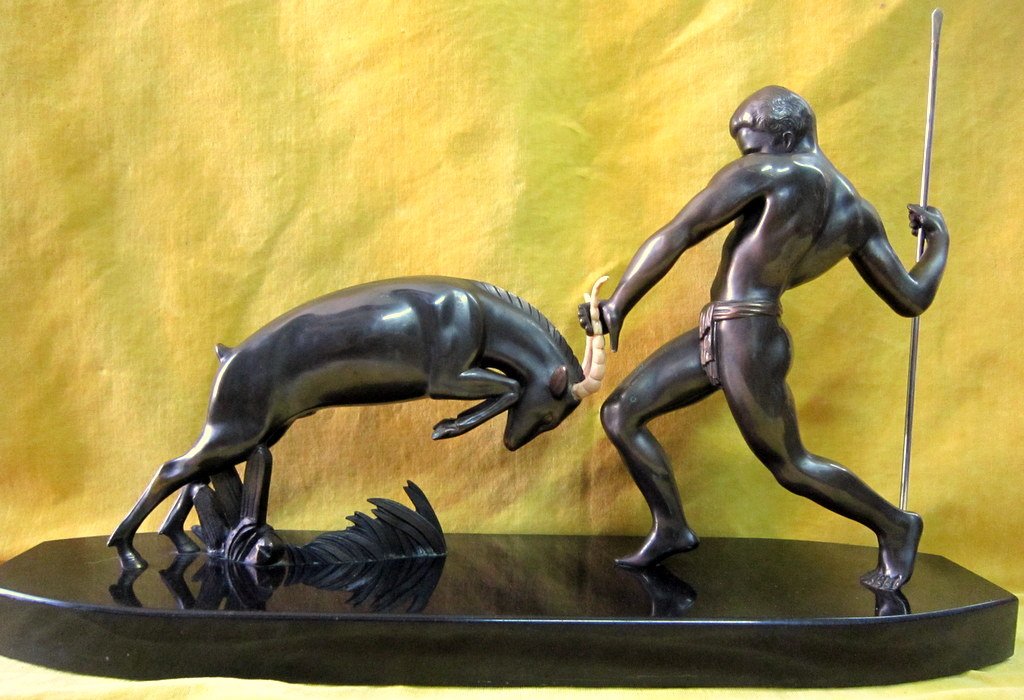 Grande Sculpture Art Deco 1930 Homme Et Antilope S'affrontant Kovats Zoltan (1885-1952)-photo-2