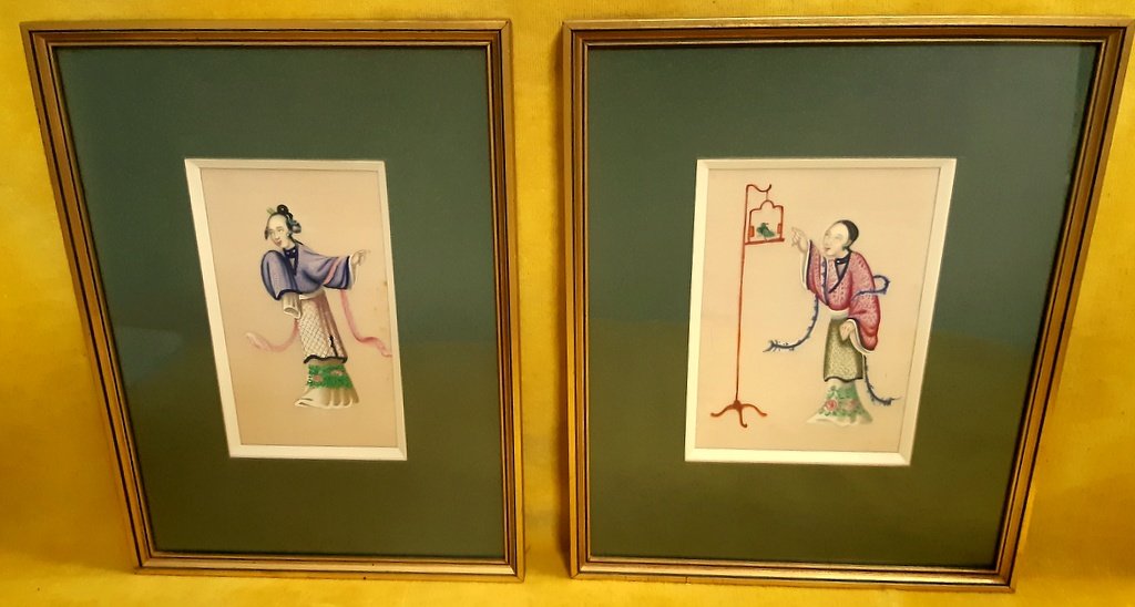 2 Peintures Gouaches Papier De Riz Ecole Canton 19éme Concession Française Chine Impériale Qing