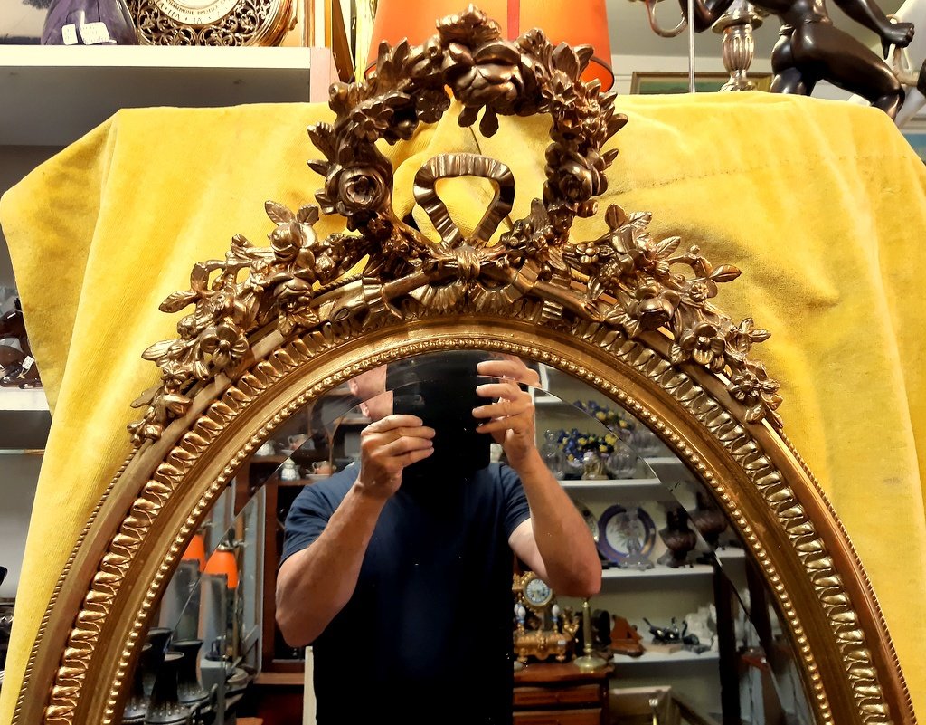 Large Beveled Oval Ice Mirror Stuccoed Wood Gilded Napoleon III St Lxvi 19th-photo-2