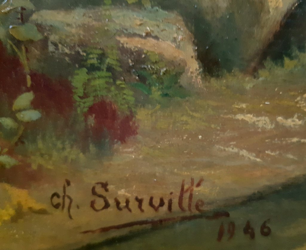 Grand Tableau Peinture à l'Huile Famille De Chevreuil De Charles Surville 1946-photo-3