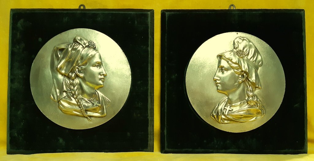 Pair Of Large Medallion Plaque Alsace And Lorraine Gilt Bronze After The Annexation Of 1871