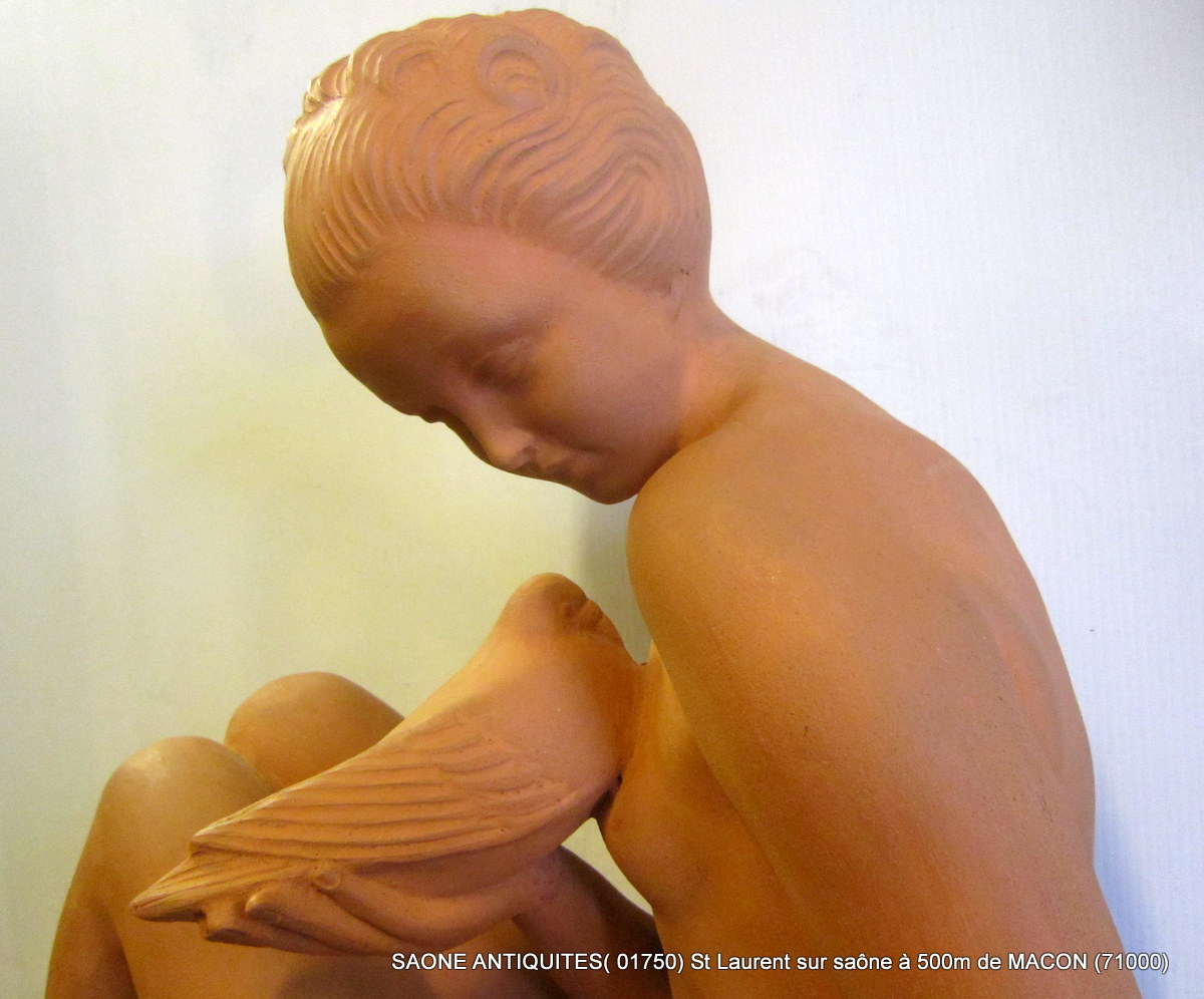 Grande Sculpture "jeune Fille à La Colombe" Art Déco-photo-3