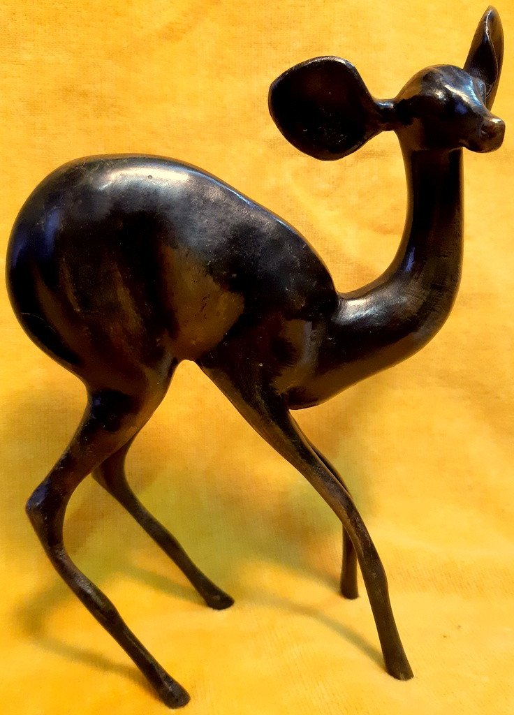Bronze Biche En Alerte Patine Vert Antique Art Déco 30 Roah Schorr (1901-1991)