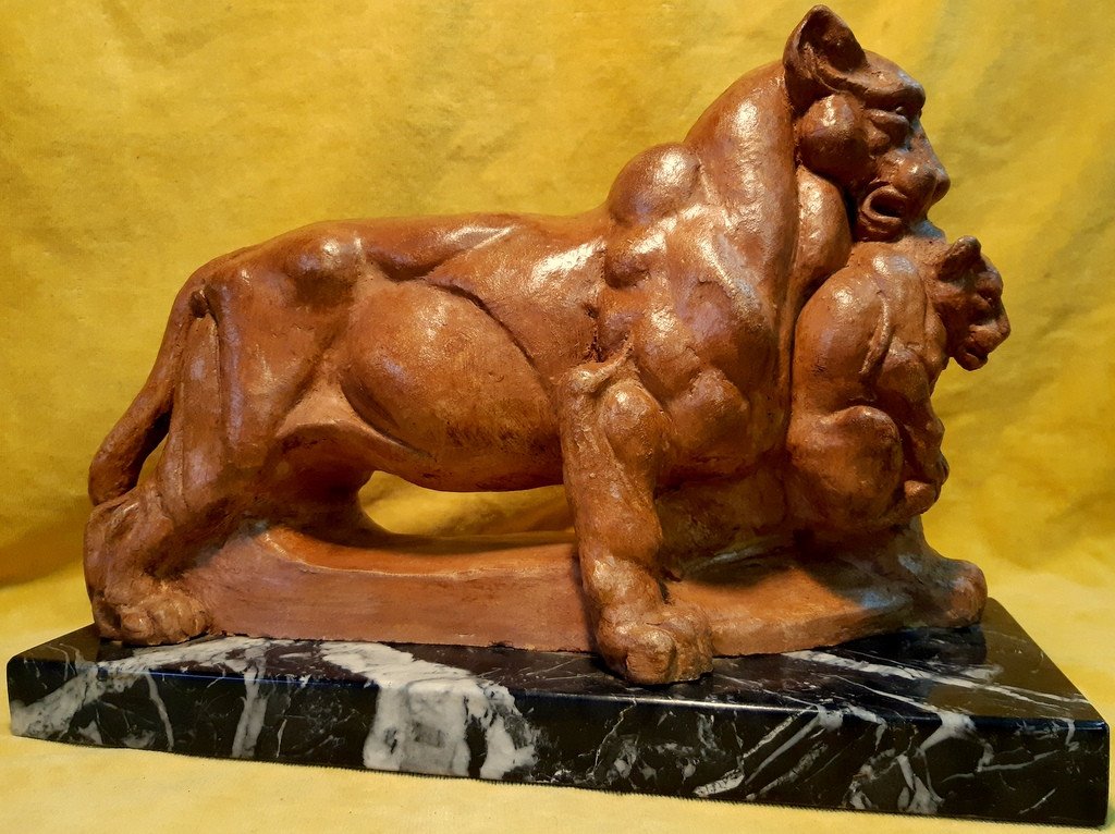 Terracotta Sculpture Lioness Carrying Her Lion Cub Art Deco 1930 On Marble Base